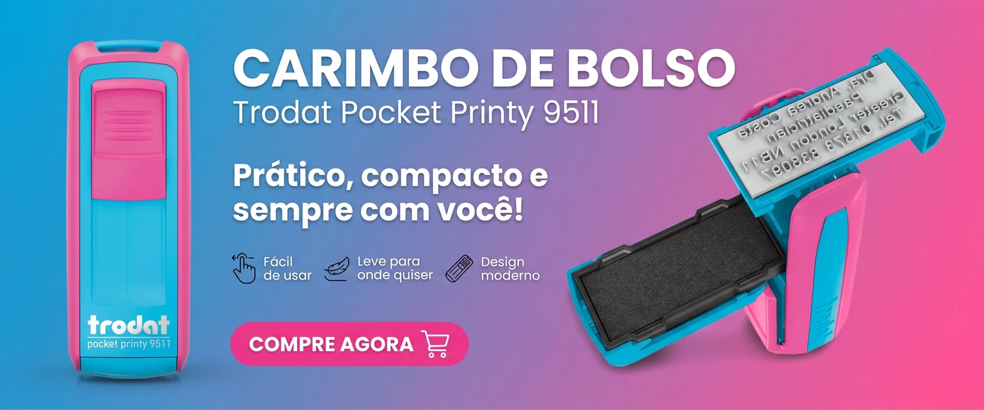 Carimbo de bolso Trodat Pocket Printy 9511 rosa e turquesa